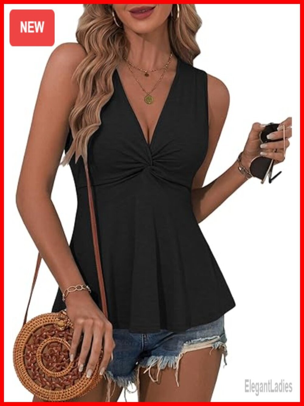 Womens Floral Sleeveless Twist Front Deep V Neck Peplum Babydoll Summer Tank Top
